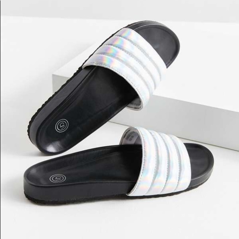 Urban Outfitters Metallic Hollographic Silver Comfy Padded Slides 1 Left!